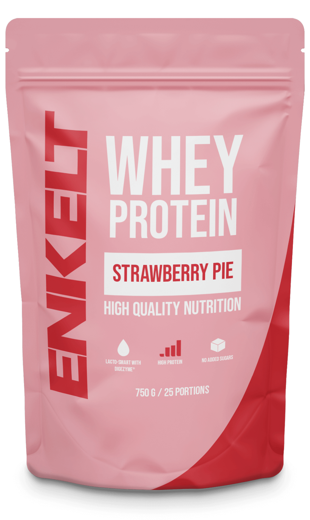 Pink/red package of Enkelt Whey Protein Strawberry Pie flavor